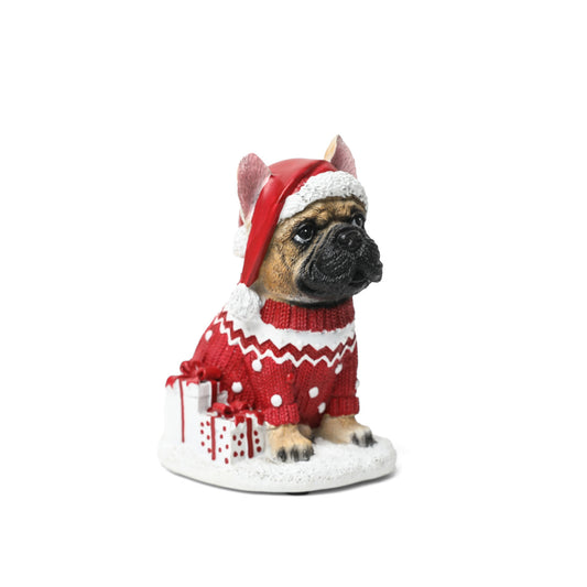 Bulldog con Gorro y Suéter Navideño – 16 cm